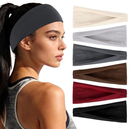YARIEW 6Pcs Headbands Paisley Bandanas Head Bands Sweat Band Hair Wrap Headwrap Fashion Boho Wide Thick Workout Yoga Elastic Headbands Mens Cooling Running Sports Headband Sweatbands for Women and Men - color: Beige, Light Gray, Burgundy, Brown, Dark Gray