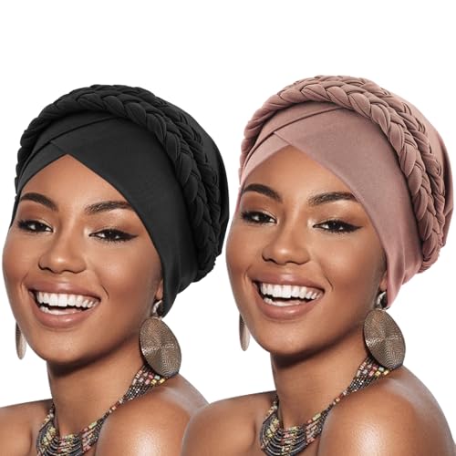 African Women Turban Caps Pre-Tied Twisted Turbans Head Scarf for Women Hair Wraps Cover Beanie Cancer Chemo Headwear - color: 2 Pack Double Twisted Braid: Fresh Pink, Black