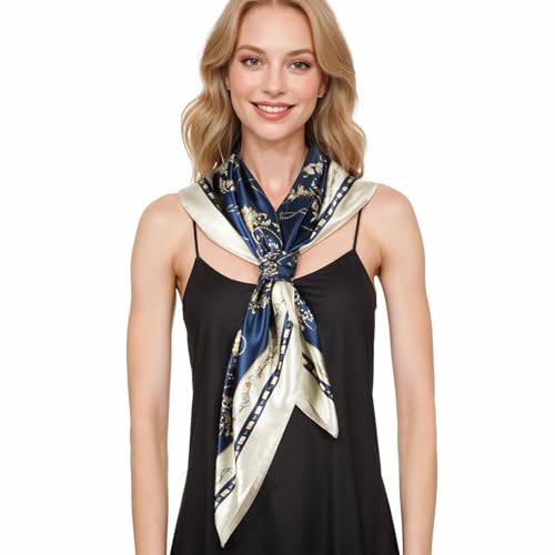 RIIQIICHY Head Scarf for Women Like Silk Scarf Hair Scarf Printed Square Scarf Bandanas for Women 35 Inches - color: Navy/Beige