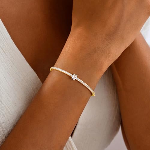 Turandoss Gold Bangle Bracelets for Women - Dainty 14K Gold Plated Tennis Bangle Bracelet Personalized Cubic Zirconia Oval Cuff Bracelets Jewelry Gifts - color: Half CZ Bangle - Square Tennis