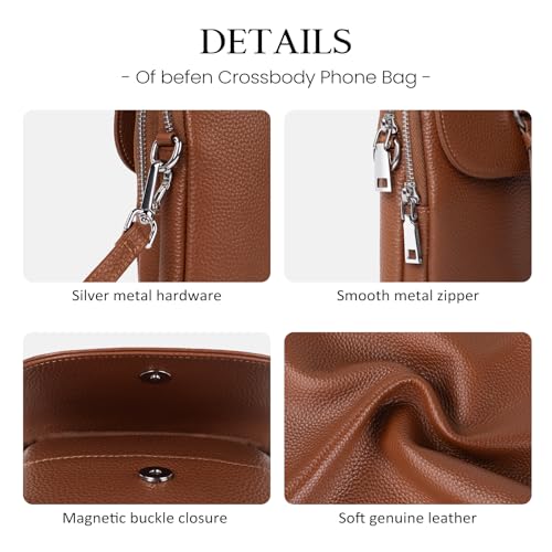 befen Genuine Leather Small Crossbody Bags for Women, Multi Pocket Cell Phone Crossbody Purse with RFID Blocking Card Slots - color: Cognac Brown