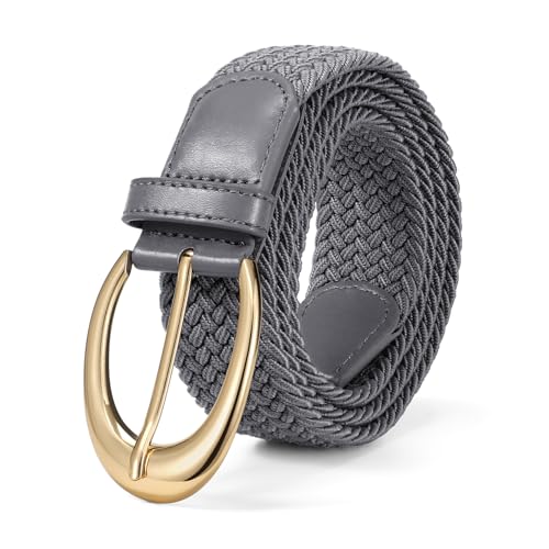 LEACOOLKEY Stretchy Braided Golf Belt for Women Elastic Woven Belts Unisex Elastic Fabric Belt for Jeans Pants - color: Gray/Gold Buckle, size: Fit waist size below 31"