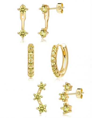 3 Pairs Dainty Small 4th of July Earrings for Women Trendy, Birthstone Stud Huggie Hoop Jacket Stack for Cartilage Helix, Gold Plated Hypoallergenic Cute Women Fashion Accessories Western Jewelry Gifts - color: 08Olive Green Created Peridot-Aug (Gold)
