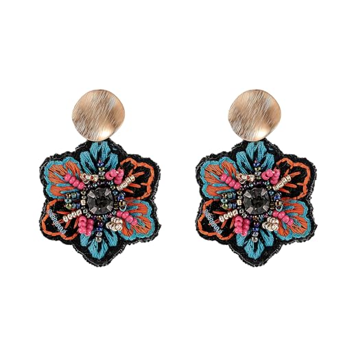 Boho Floral Embroidered Earrings with Colorful Bead Accents and Crystal Center for Women - color: Blue