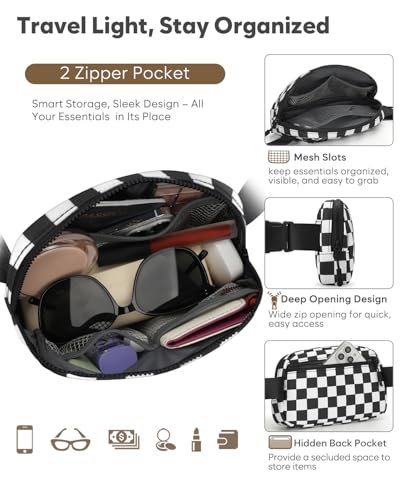 Pritent Fanny Packs for Women Cross Body Bag Waterproof Belt Bag with Adjustable Strap and Zipper Back Pocket Small Crossbody Bags Fashion Waist Packs for Workout Travelling(Checkered Black, Large) - color: Checkered Black, size: Large
