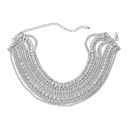 Rhinestone Bling Multi-layered Faux Diamond Choker Necklace for Women Unisex,Sparkly Iced Out Tennis Shiny Collar Neclace Prom Party Formal Dressy Necklace Statement Crystal Jewelry - color: silver