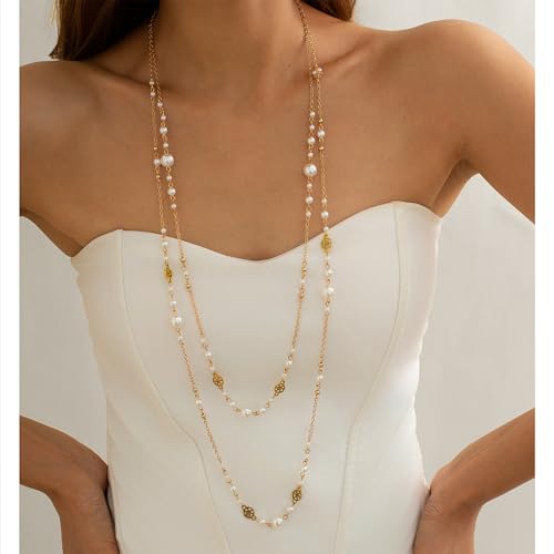 Long Necklaces for Women Pearl Necklaces for Women Long Chain Necklace Dainty Layered Pearl Necklace Statement Sweater Strand Chain Jewelry - color: Gold