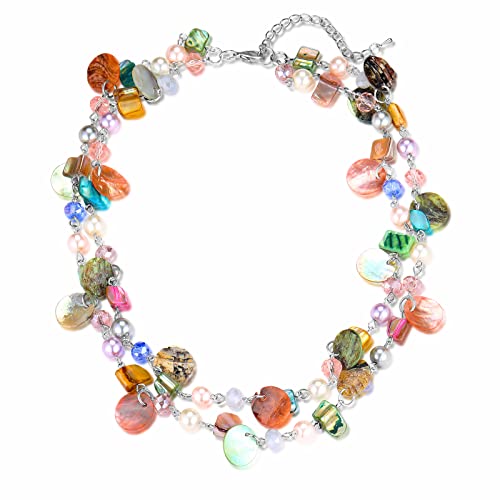 Noessla Layered Beaded Chunky Necklace for Women Boho Two-color Shell Statement Necklace Fashion Collar Costume Jewelry Gifts for Mum - color: 14-Colorful
