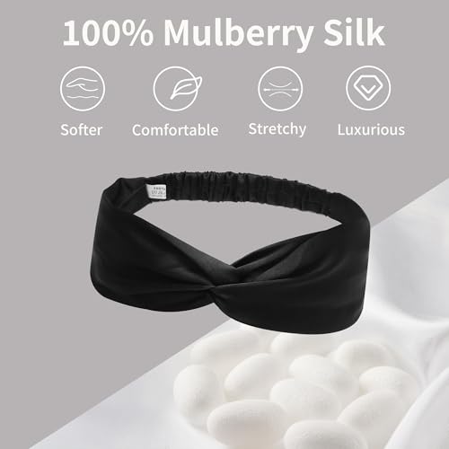 ZLYC Mulberry Silk Headband Elastic Twist Knotted Head Bands for Women's Hair, Solid Black - color: Solid Black