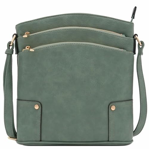 ALYSSA Triple Zip Pocket Large Crossbody Bag - color: Green Smoke