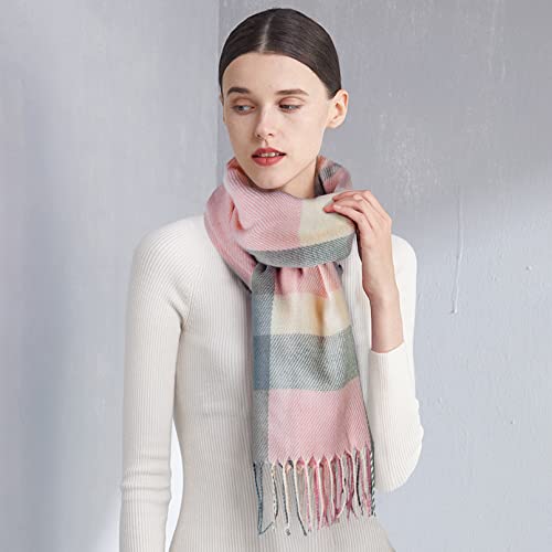 Loritta Womens Scarf Fashion Long Plaid Shawls Wraps Big Grid Winter Warm Lattice Large Scarves Gifts - color: P-pink Beige Grey Lattice