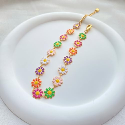 Yumikoo 18k Gold Plated Anklet Ankle Bracelets for Women - style: Colored enamel flowers