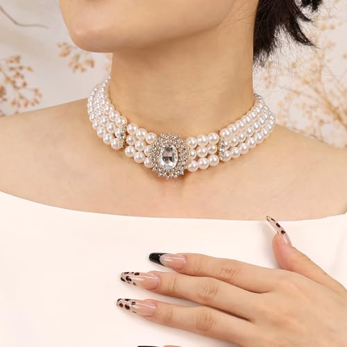 Bethynas Boho Layered Pearl Rhinestones Choker Necklace Vintage Chunky Pearl Crystal Pendant Short Necklace Chain Bridal Prom 1920s Costume Party Jewelry for Women - color: Pearl 8 - white