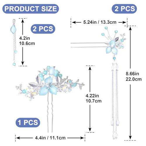HINZIC 5pcs Flower Tassels Hairpin for Women, Non-Slip Crystal Pearl Silverstick Hair Clips, Retro Chinese Hanfu Wedding Brides Hair Accessories for Long Hair- Silver - color: Silver Magpie Bridge