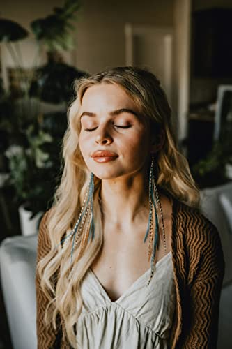 Feather Headz Bohemian handmade long lightweight feather dangle earrings for women - color: Natural & Turquoise