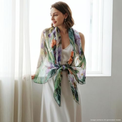 100% Mulberry Silk Women's Neck Silk Scarf-Lightweight Shawl,FLoral Print Beach Silk Wrap-Scarves for Photography - color: Purple Iris