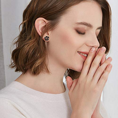 AllenCOCO Rose Flower Stud Earrings for Women Sensitive Ears, Hypoallergenic Cute Gold And Silver Rose Flower Earrings Studs for Women Nickel Free - color: Black flower/Rose gold, size: 0.47