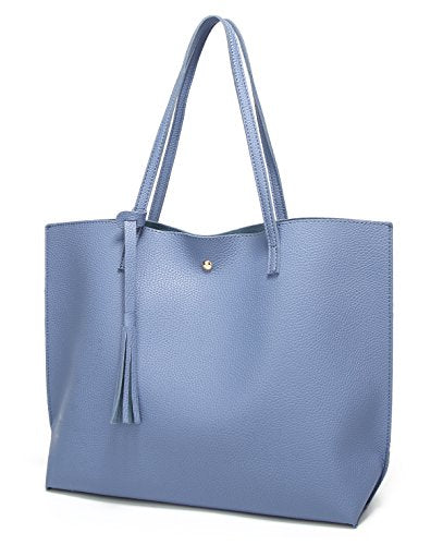 Dreubea Women's Soft Faux Leather Tote Shoulder Bag from, Big Capacity Tassel Handbag - color: Blue
