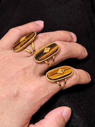 Tigers Eye Ring, Adjustable Stainless Steel Natural Stone Rings for Women, Vintage Chunky Gold Jewelry