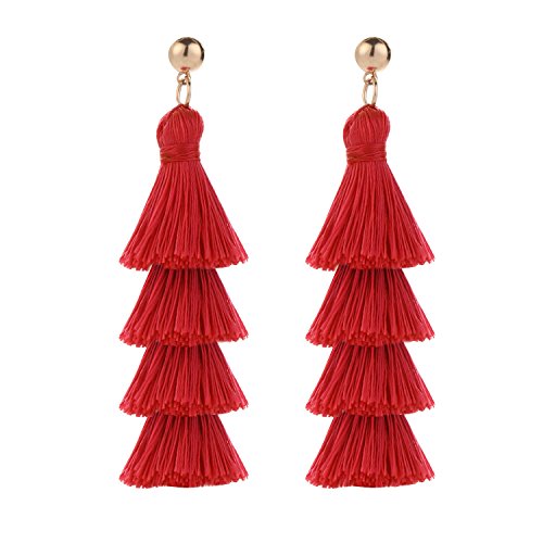 BaubleStar Tassel Earrings Handmade Tiered Thread Tassel Dangle Earrings, Multi Colors - color: Red
