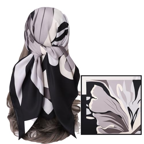 Women's Square Silk Like Head Scarf Large 35 inch Silk Feeling Hair Wrapping Satin Scarves for Sleeping Bandanas - color: A003-2 Twill Grey