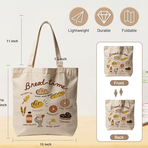 Canvas Tote Bag with Zipper for Women, Aesthetic Tote Bag with Pocket for Vacation, Shopping, Travel, Beach - style: Bread Time
