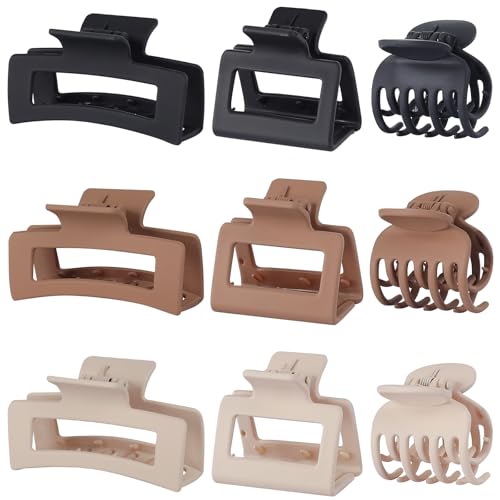 CHANDAT Medium Claw Hair Clips Set for Women - 3 Styles, 9 pcs Rectangle Clips for Thick Hair, Square Clips for Thin Hair - Brown - color: Brown