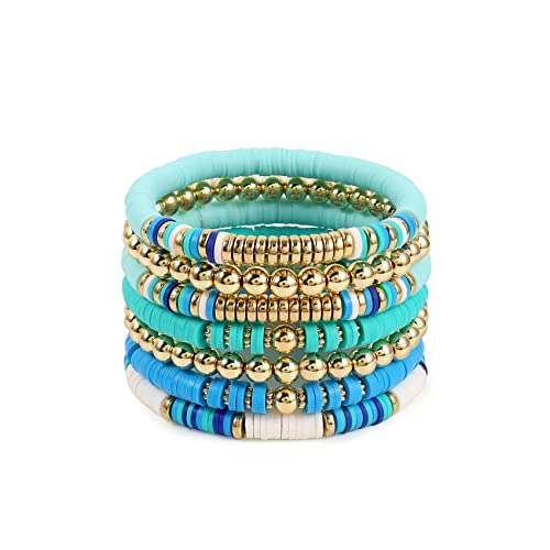 Elegance 11 designs Heishi Beaded Bracelets For Women Polymer Clay Colorful Surfer Stackable Beads Boho Bracelet Summer Beach Jewelry - color: Blue