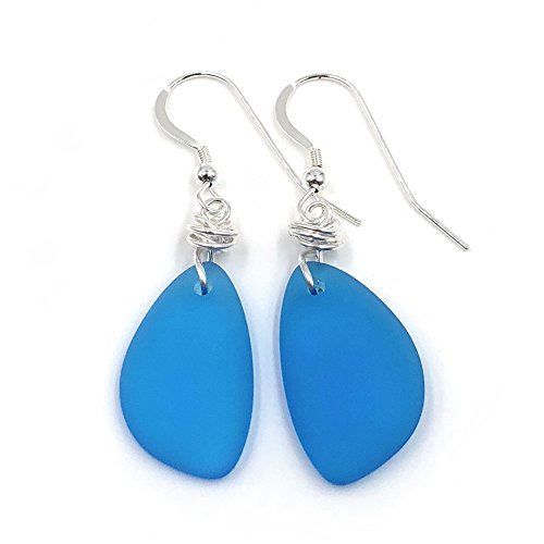 Popular Recycled Sea Glass Earrings on Sterling Silver Hooks - color: Vivid Aqua