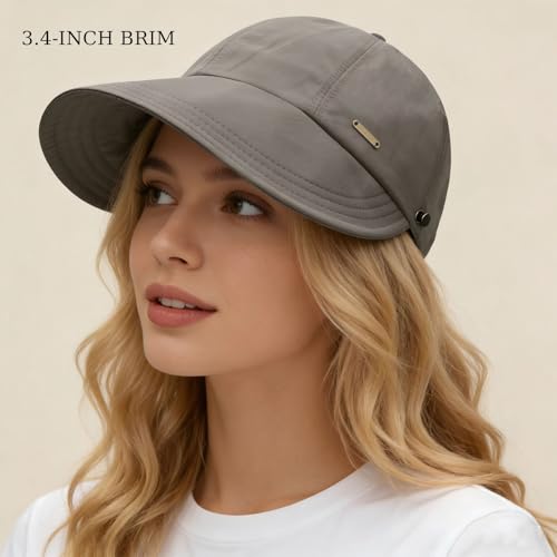 huablo]UPF 50+Womens Sun Hat UV Protection Hiking Fishing Hats Wide Brim Hat Adjustable Ponytail Packable Sun Cap - color: Gray