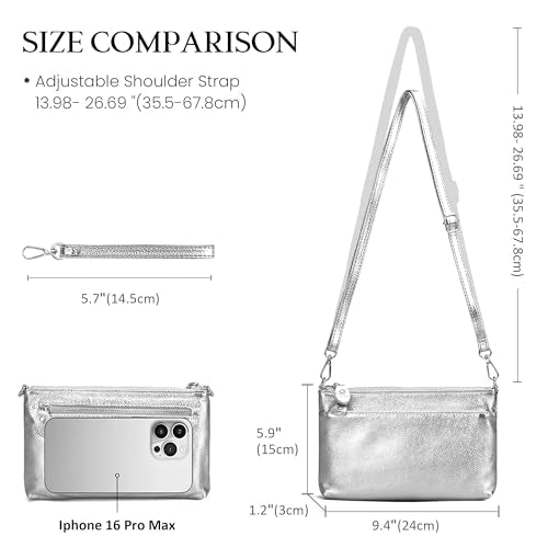 befen Genuine Leather Wristlet Clutch Wallet Purses with RFID Blocking, Small Crossbody Bags Shoulder Handbag for Women - color: Silver