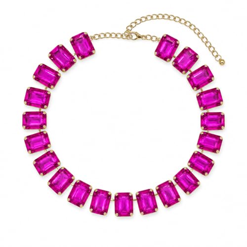 Fashionable Chunky Plated Tennis Rhinestone Statement Necklace Jewelry Set for Women Multicolor gem necklace with Great Sparkle and Shine Design for Women to Easy Match - color: fuchsia red square Rhinestone