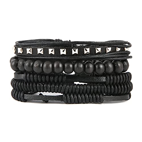 HZMAN Wrap Bracelets Men Women, Hemp Cords Wood Beads Ethnic Tribal Bracelets, Leather Wristbands - style: Wooden bead style 7