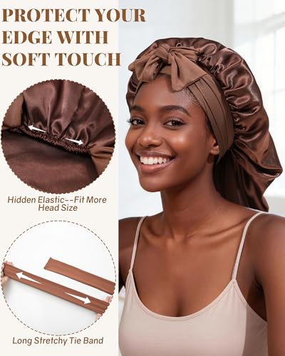 AWAYTR Long Satin Bonnet for Braids - Elastic Silk Hair Bonnets for Sleeping Night Cap Stretchy Tie Band for Women（Brown） - color: Brown