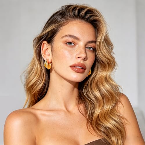 Gold Tone Textured Hoop Earrings 18K Gold Plated Medium Twisted Statement Hoops for Women Minimalist Jewelry