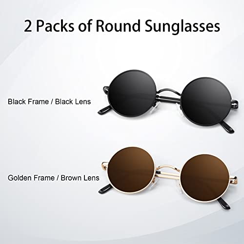 Round Polarized Sunglasses Men Women,Retro Metal Hippie Shades with 100% UV Protection - color: B2- Black Frame Black Lens + Golden Frame Brown Lens