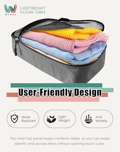 WTREE 4-Piece Packing Cubes Travel Accessories Set for Suitcases - Luggage Organizer Bags with Double Zipper - Mesh Top - Small/Medium/Large/Slim - Dark Grey - color: Dark Grey, size: Slim, Small, Medium, Large