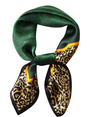 100% Mulberry Silk Neck Scarf 21''x21'' Small Square Hair Scarf for Women Men Lightweight Bandana Envelope Package - color: Leopard Print- Green
