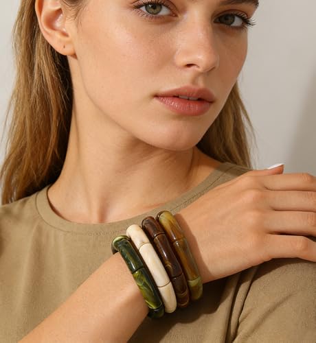 iF YOU 6pcs Chunky Acrylic Bangle Bracelets for Women, Resin Bamboo Brown Stretchy Bracelet Stack, Fashion Jewelry for Women - color: 4pcs-green & brown bracelets