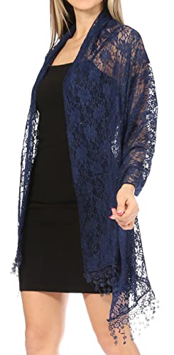 Sakkas Mari Women's Large Lightweight Soft Lace Scarf Wrap Shawl Floral and Fringe - color: Style2-navy
