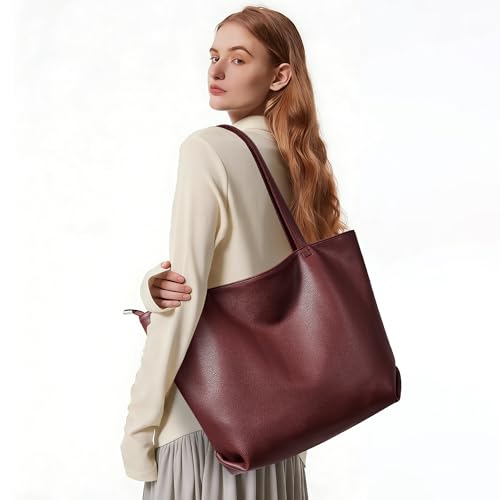 WLLWOO Soft Vegan Leather Tote Bag for Women Large Casual Hobo Handbags Zipper Shoulder Work Daily Weekender Travel Purse - color: Dark Red