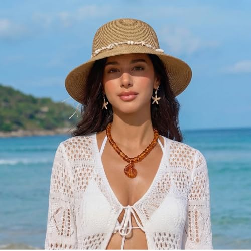 Chunky Beaded Necklace for Women with Conch Shell Pendant, Boho Bead Statement Necklace with Adjustable Gold Chain, Beach Jewelry for Summer＆Vacation Gifts - color: Amber