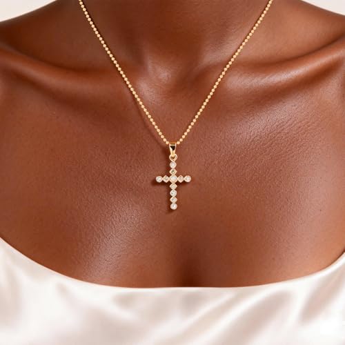 14K Gold Plated Cross Pendant Necklaces for Women Trendy, Dainty Choker CZ Cross Necklace Non Tarnish,Simple Tiny Cross Necklace for Jewelry Gifts - style: Cubic Cross-Gold