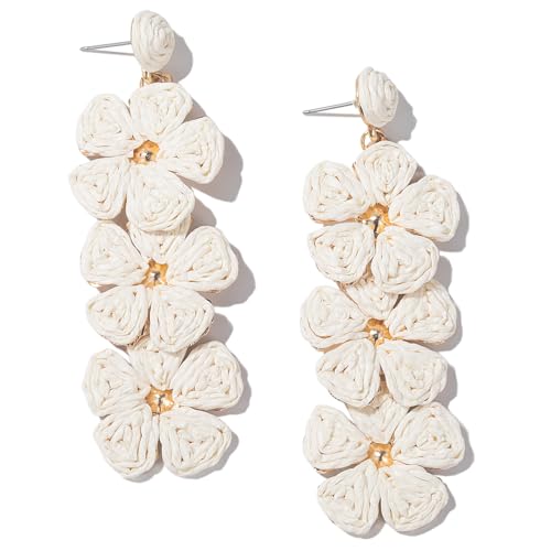 Boho Flower Earrings Statement Raffia Dangle Earrings Cute Floral Jewelry Trendy Summer Beach Vacation Outfits for Women - color: Ivory-2