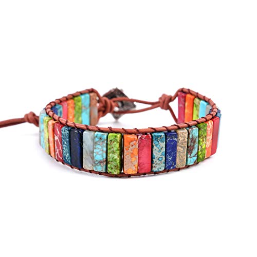 YGLINE Boho Handmade Wrap Leather Tube Crystal Stone Bracelet for Women - color: chakra stone