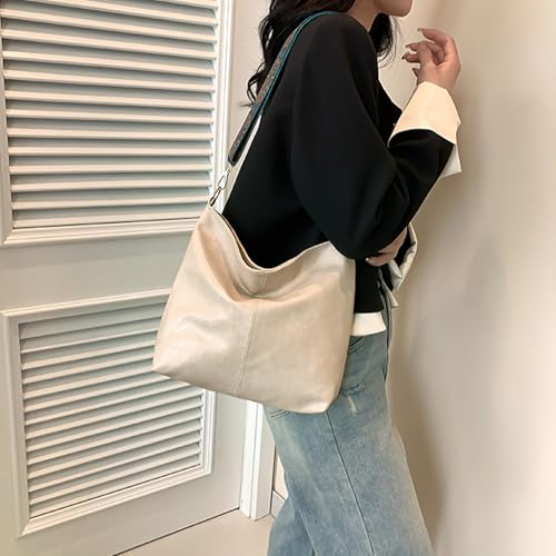Hobo Bags for Women Crossbody Bag Guitar Strap Purse Vegan Leather Shoulder Handbags Boho Purses Tote Bucket Bag - color: Beige