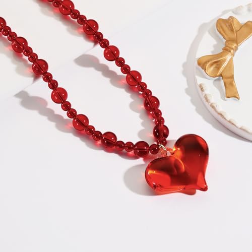 Coiris Chunky Heart Necklace for Women Statement Beaded Pendant Boho Christmas Necklace Gifts for Women - color: Red, size: Long