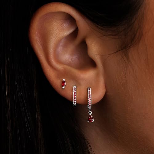 14K Gold Plated Small Huggie Hoop Earrings Set for Women, Hypoallergenic Dainty Sterling Silver Dangle Studs for Cartilage Helix, Lightweight Trendy Cute Stack Birthstone Jewelry Gift - color: 07_Ruby_Jul_Silver