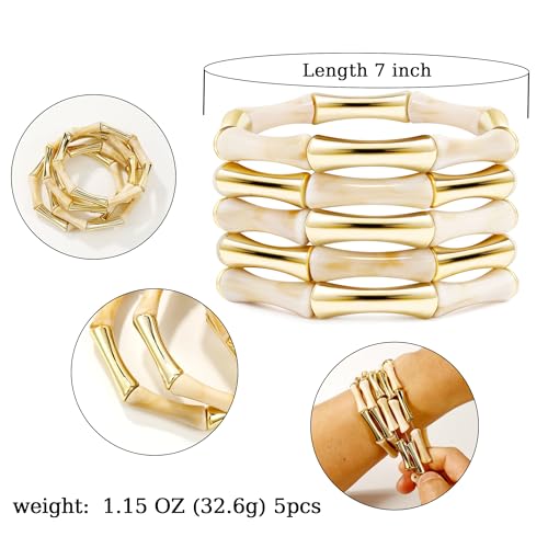 Gold Tube Bangle Bracelets for Women Stackable Bamboo Chunky Acrylic Beads Stretch Friendship Summer Beach Bracelet Jewelry - color: Beige