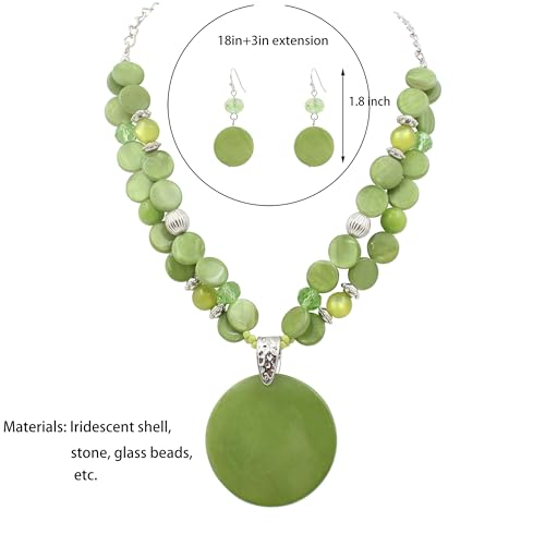 Layered Beads Statement Fashion Necklace Chunky Jewelry Set Big Colorful Glass Stone Circle Shell Pendant Choker Necklace and Earring Set for Women - color: Green